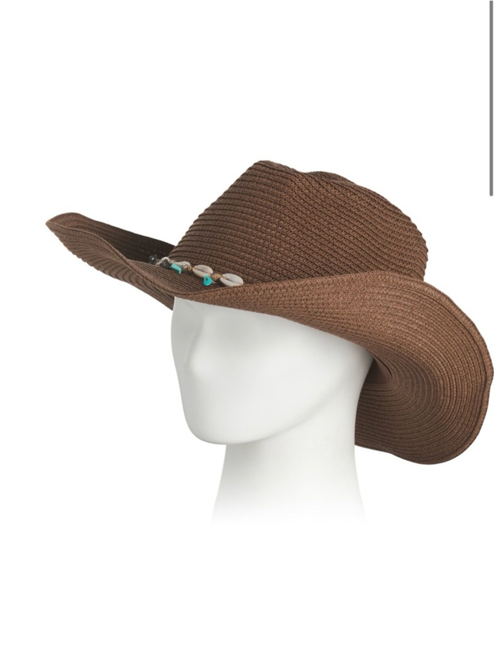 NEW LA VALENTINA shell and stone trim brown crochet summer cowboy hat